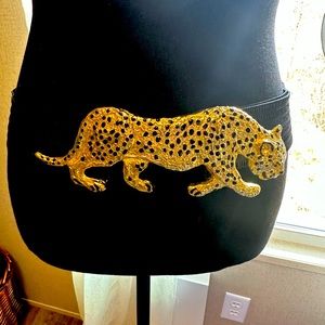 Beautiful Vintage 1987 Mimi Din Belt w Cheetah Motif Buckle gold black signed